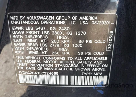 2020 Volkswagen Atlas Cross Sport 2.0T S from USA, damaged, VIN 1V2AC2CA1LC224665